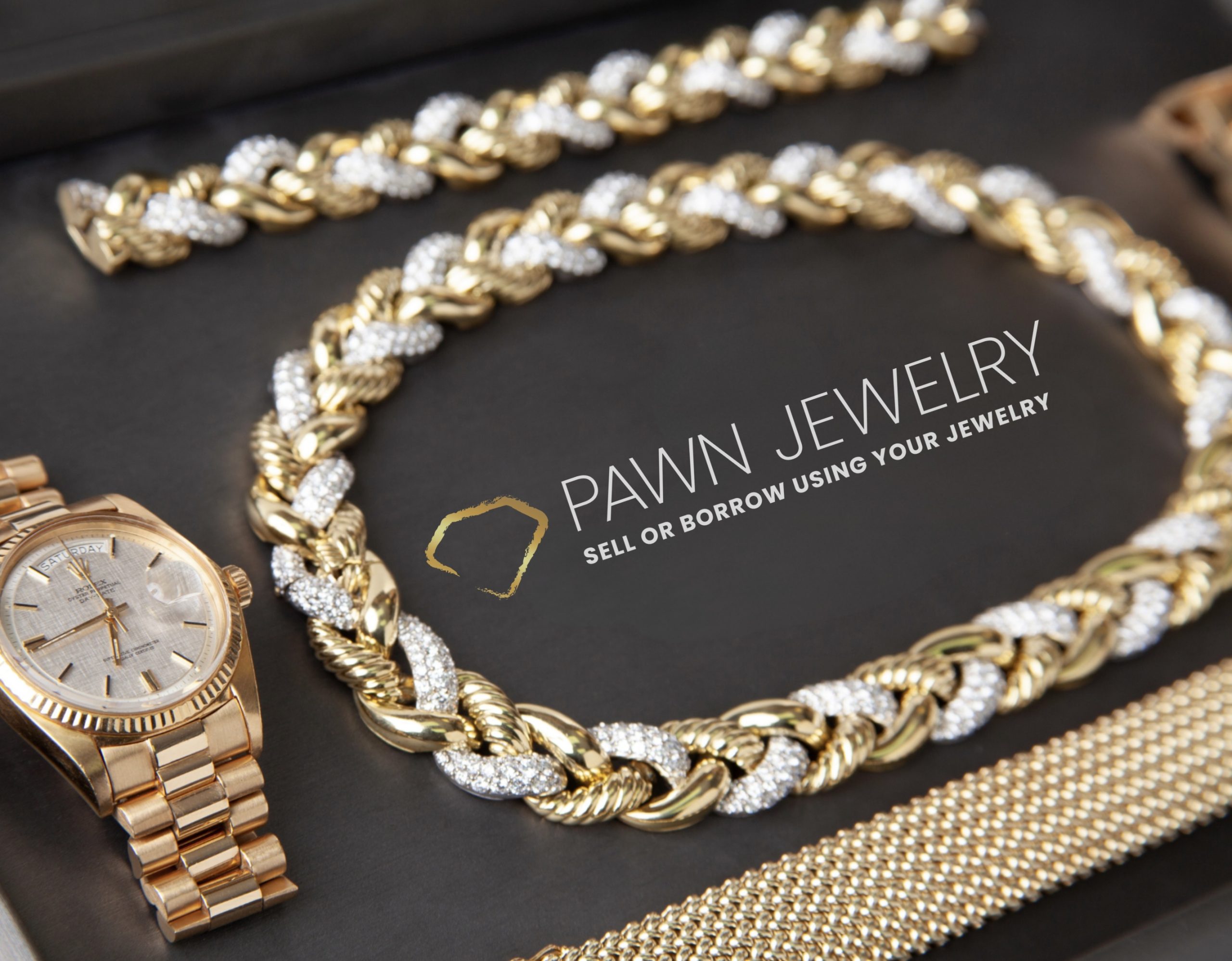 Gold and diamond jewelry pieces, including a watch, necklace, and bracelets, are displayed around the text "Pawn Jewelry Without Receipts in Aventura. Sell or borrow using your jewelry.
