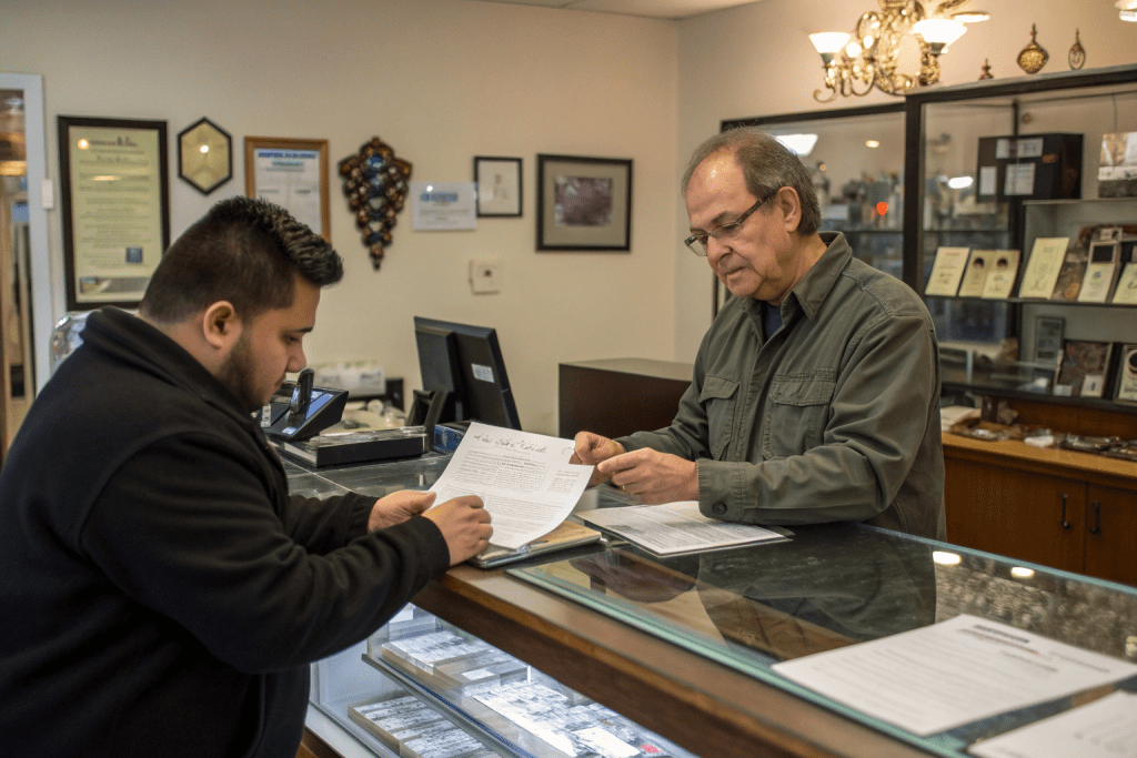 client-showing-documents-at-pawn-shop