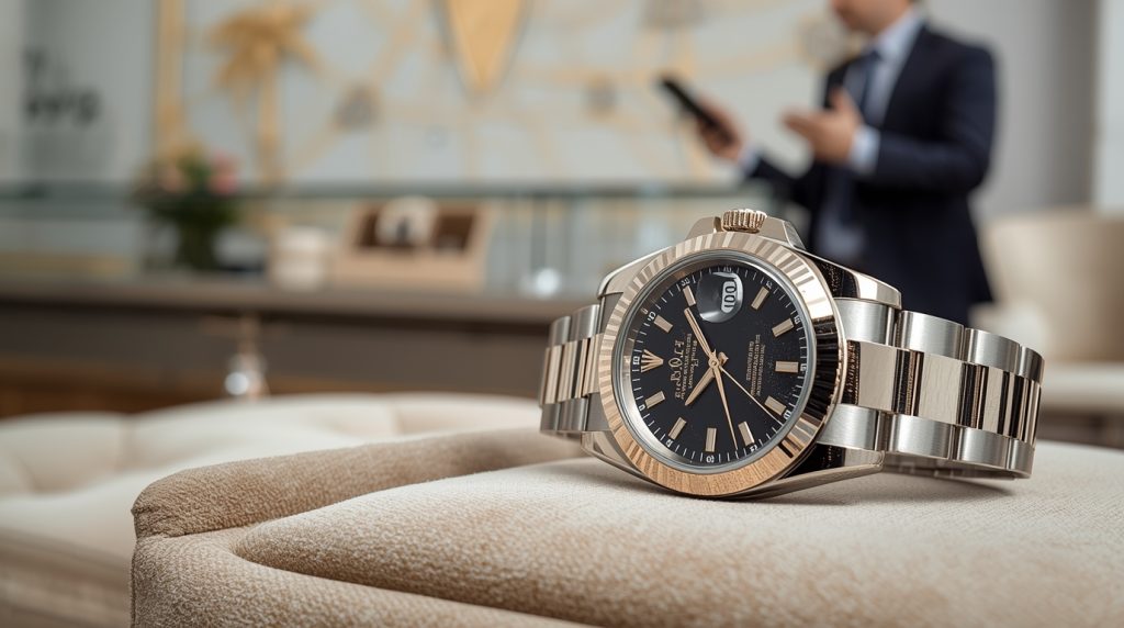 A close-up shot of a luxurious Rolex watch placed on a velvet surface