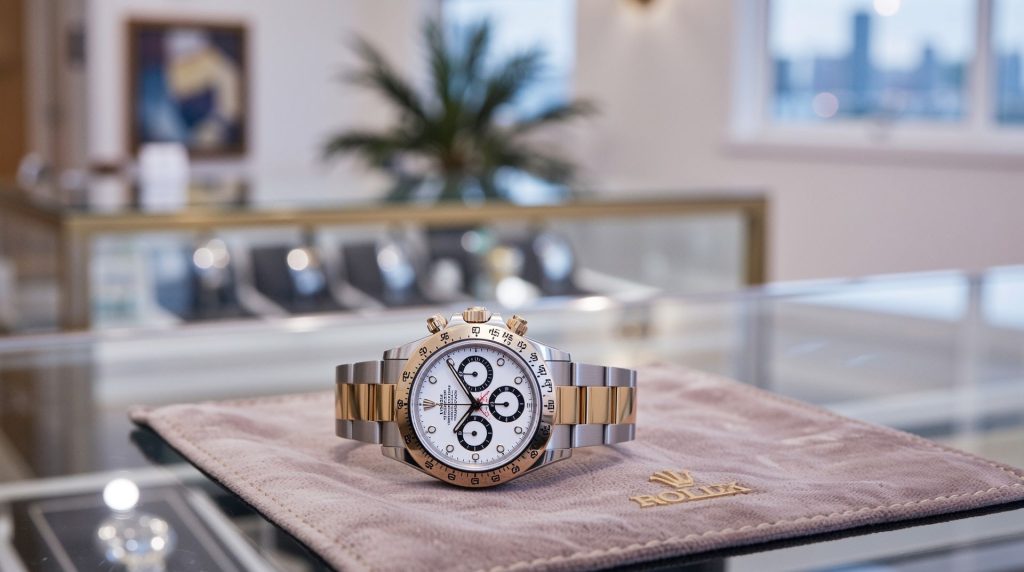 A close-up shot of a Rolex watch placed on a velvet surface