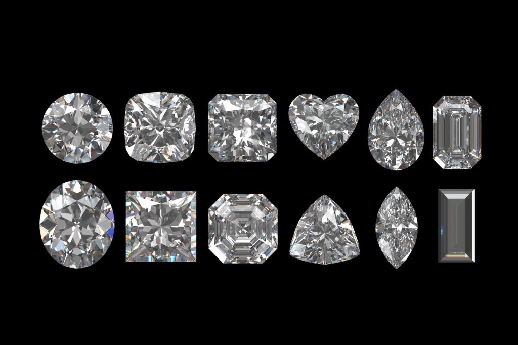 Twelve different diamond cut shapes are displayed in two rows on a black background, featuring round, cushion, princess, heart, pear, emerald, oval, radiant, asscher, trillion, marquise, and baguette cuts.
