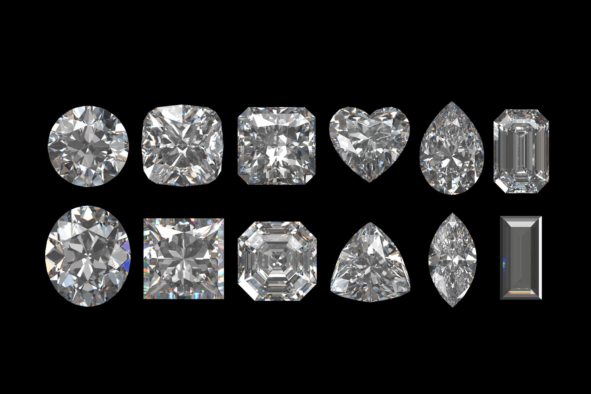 Twelve different diamond cut shapes are displayed in two rows on a black background, featuring round, cushion, princess, heart, pear, emerald, oval, radiant, asscher, trillion, marquise, and baguette cuts.