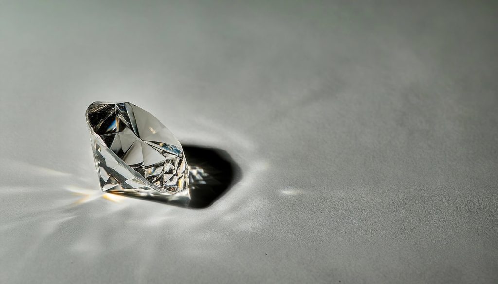 A clear, faceted diamond with remarkable clarity rests on a smooth gray surface, casting reflections and light patterns around it.