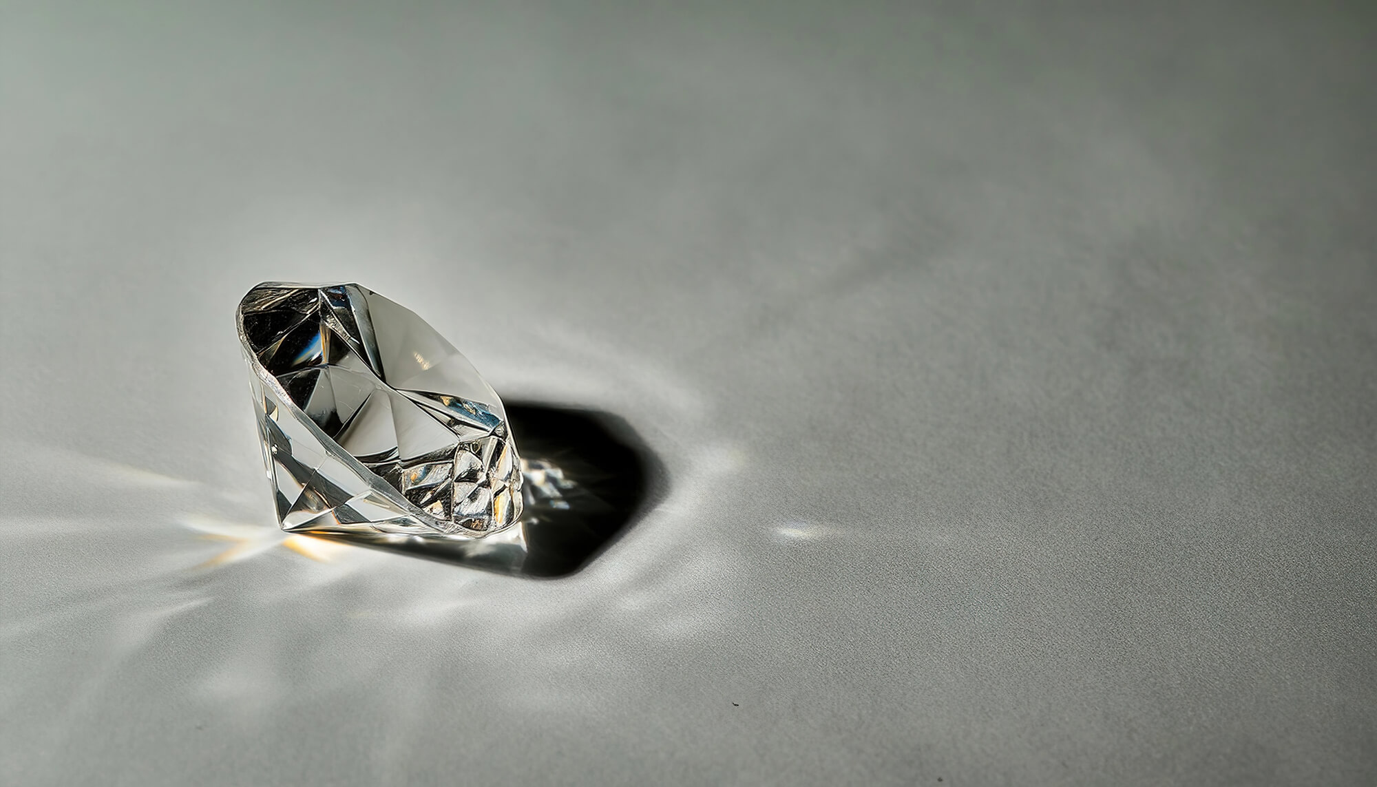 A clear, faceted diamond with remarkable clarity rests on a smooth gray surface, casting reflections and light patterns around it.