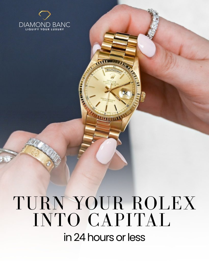 A person holding a gold Rolex watch with manicured hands, wearing diamond rings. Text reads: "Turn your Rolex into capital in 24 hours or less." Diamond Banc logo at top.