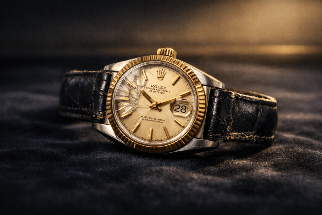 Image of watch with broken glass and worn bracelet.