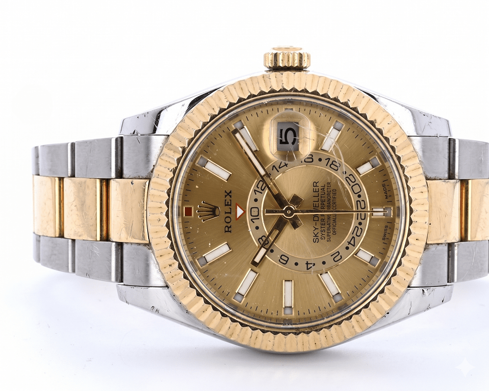 A two-tone Rolex Sky-Dweller watch with a gold dial, gold and silver bracelet, fluted bezel, date window, and multiple time zone indicators.